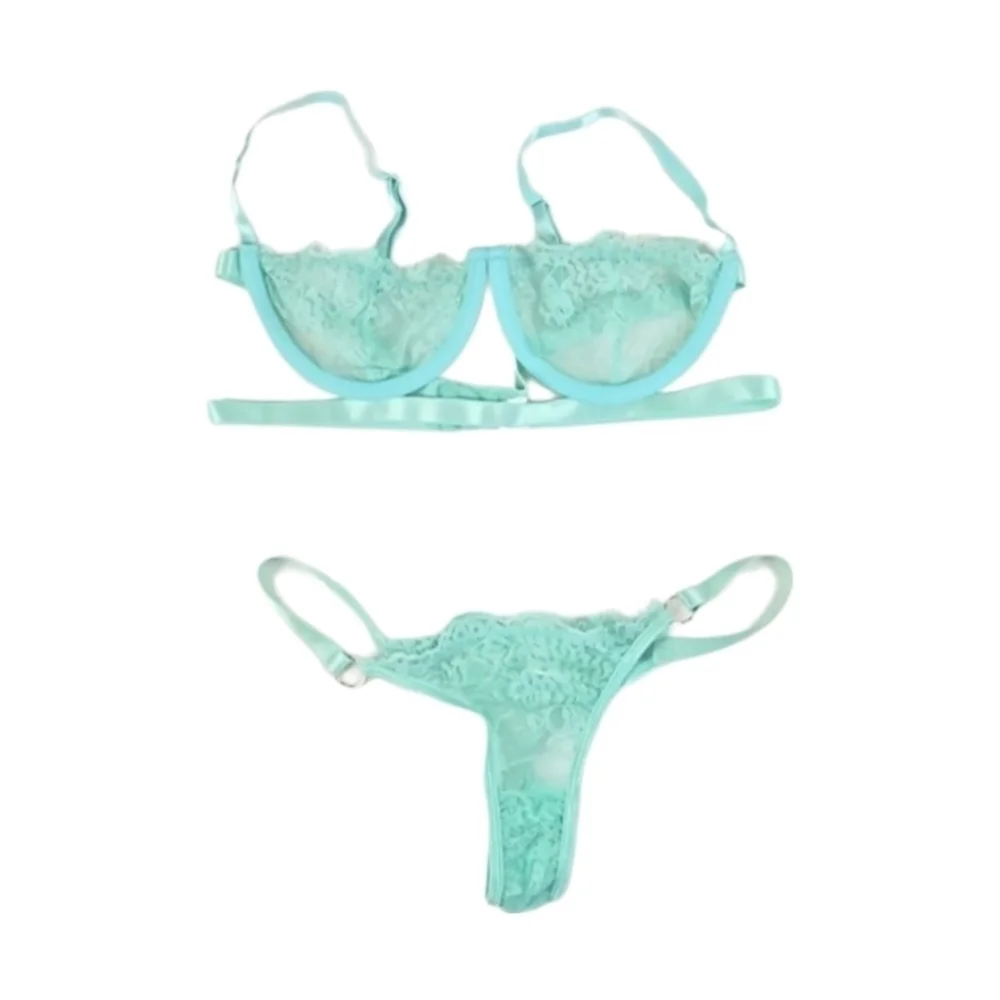 Sheer Lace Underwire Bra and Thong Panty Lingerie Set in Teal Green, Size M